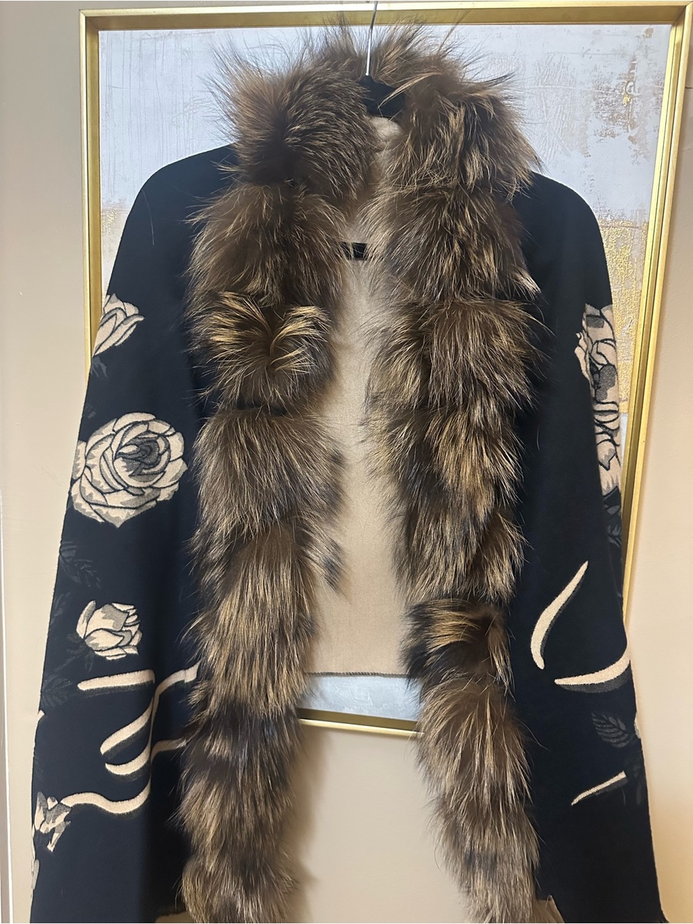 Black ad tan Cashmere Shawl with Silver Fox Trim